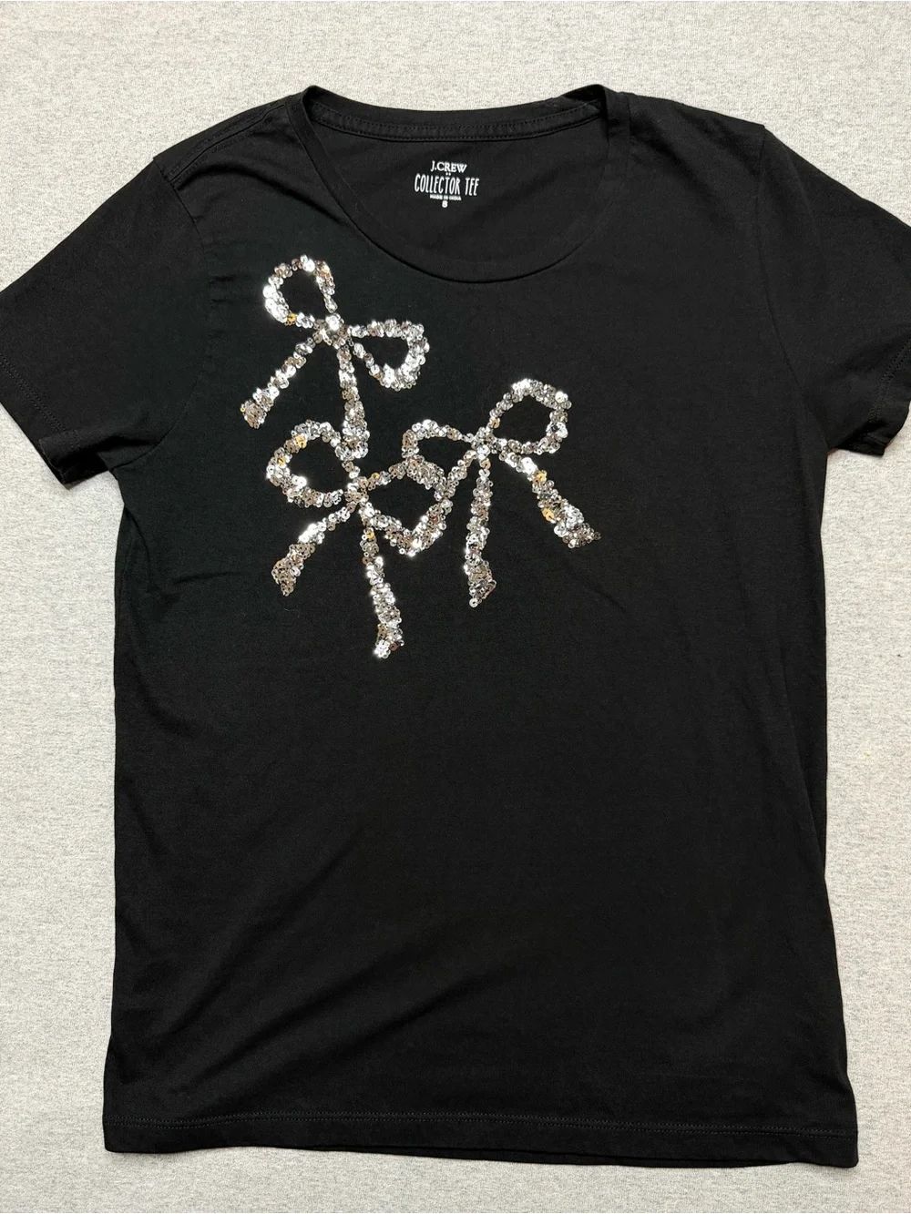 J.Crew Collector Cotton Tee Black Graphic Silver Sequin Bow T-Shirt Size S